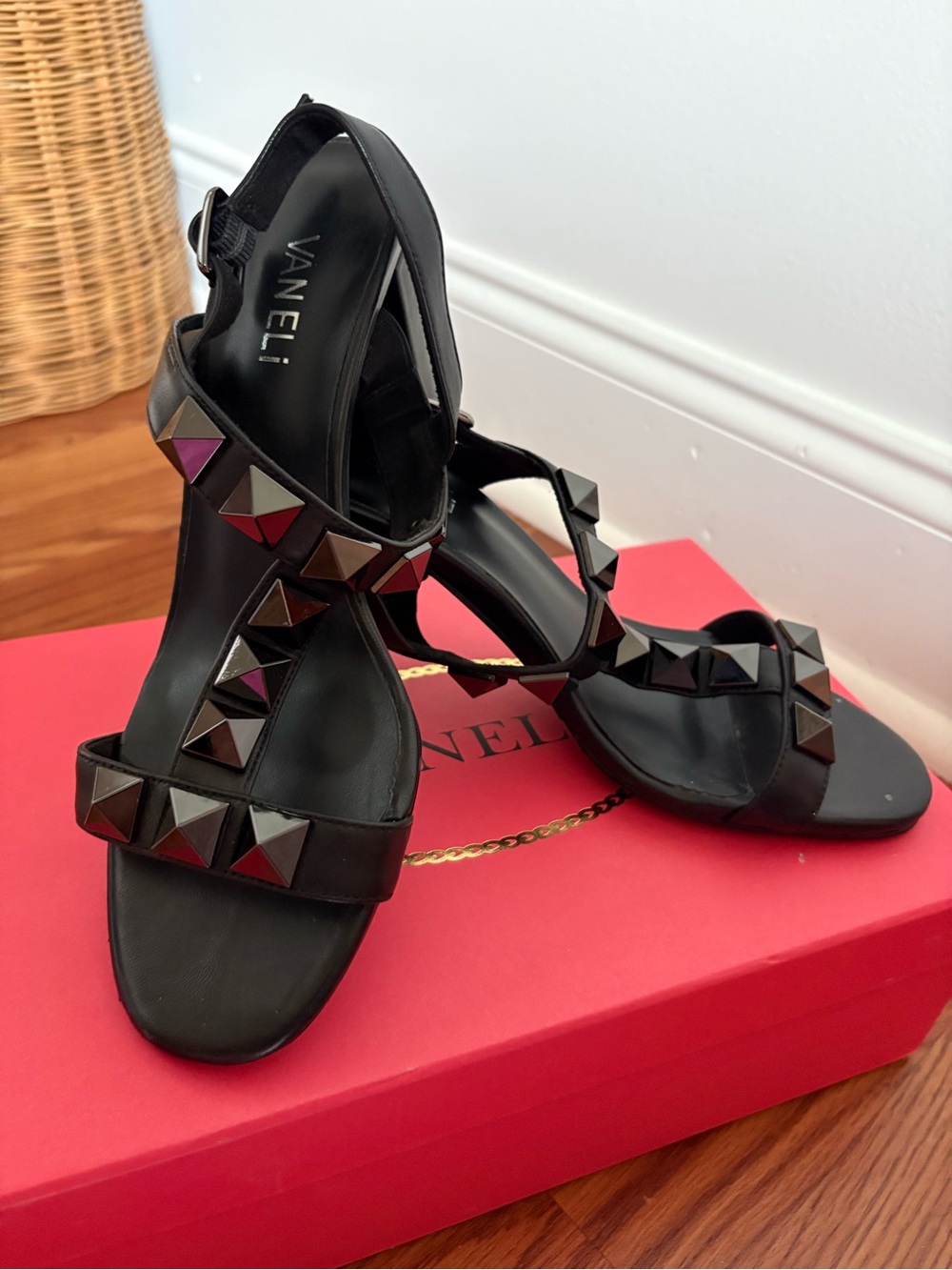 Vaneli  Black Studded Block Heel Sandal, only worn once